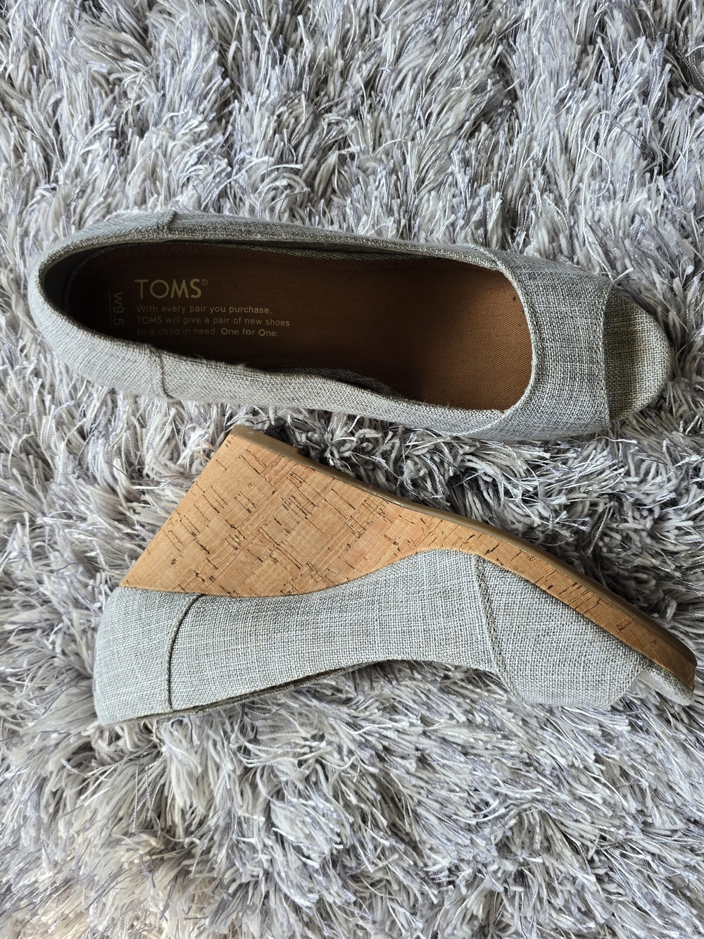 TOMS Women's Light Gray Linen Wedge Peep-Toe Shoes 9.5W